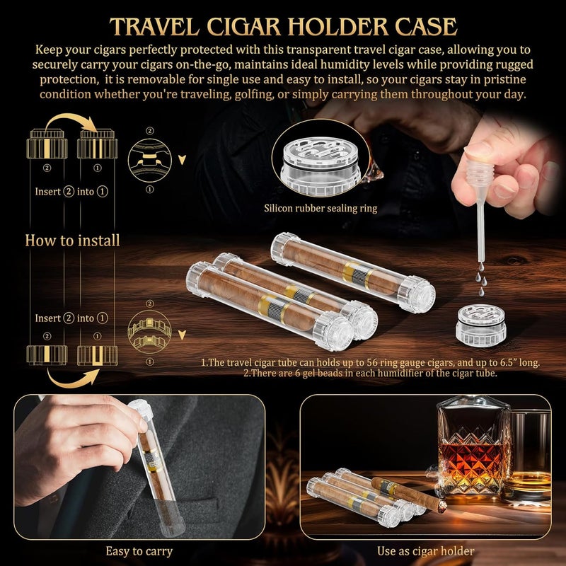 TISFA Cigar Humidor Cedar Wood Cigar Box with 2 Digital Hygrometer, 2 Humidifiers, Cedar Tray, Divider, Accessory Drawer, Glass Top Large Desktop Humidors and Acrylic Travel Cigar Tube Gifts Set - Image 3